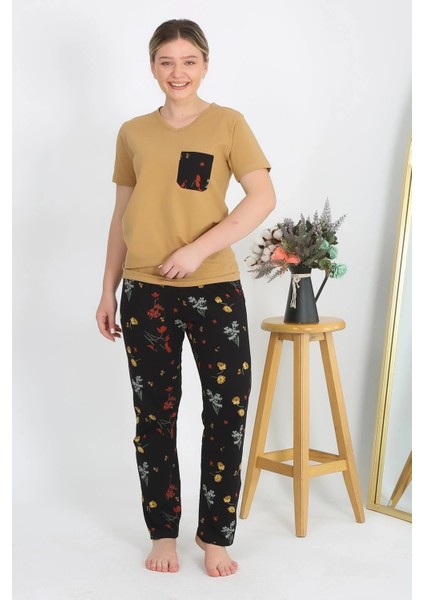 Moda Kadın Kısa Kol Pamuk Penye Pijama Takım Hardal indirimleri