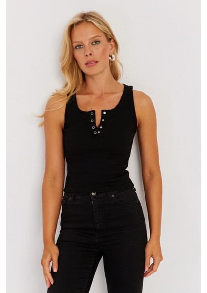 Kadın Kare Yaka Kalın Askılı Önden Çıtçıtlı Yazlık Crop Top Şık Bluz modelleri