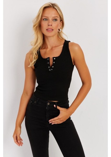 Kadın Kare Yaka Kalın Askılı Önden Çıtçıtlı Yazlık Crop Top Şık Bluz indirimleri