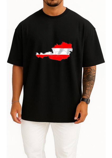 Oversize Avusturya Haritası Göğüs Baskılı Unisex T-Shirt