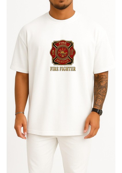 Oversize Itfaiye - Fire Rescue Göğüs Tasarımlı Unisex T-Shirt