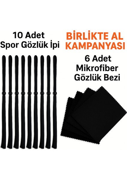 Spor Gözlük Ipi Ayarlanabilir 10 Adet + 6 Adet Mikrofiber Çok Amaçlı Temizleme Bezi, Premium Paket