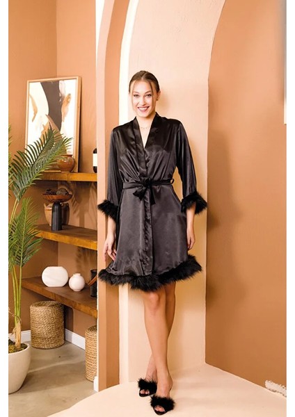 Lady Siyah Tüylü Bride Sabahlık