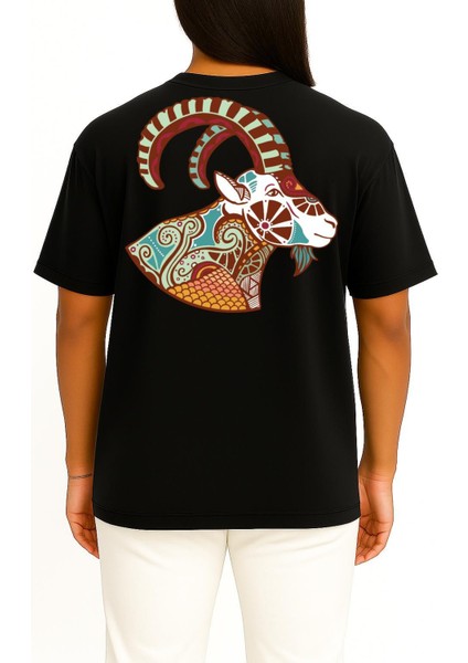 Oversize Oğlak Burç - Astroloji Cep ve Sırt Tasarımlı Unisex T-Shirt fırsatları