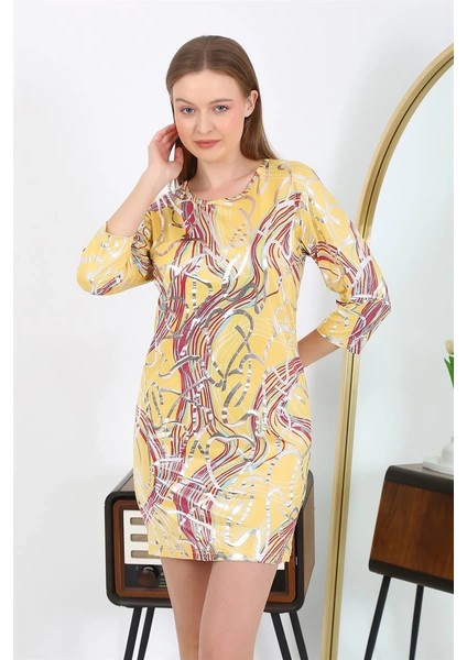 Moda Kadın Micro Kumaş Mini Parlak Elbise Sarı
