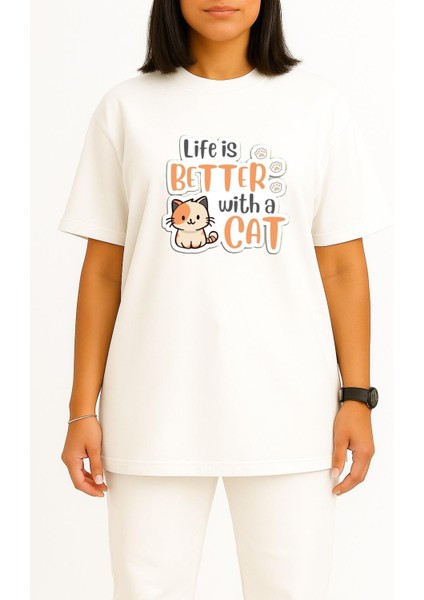 Oversize Hayat Kedilerle Daha Iyi Göğüs Tasarımlı Unisex T-Shirt fiyatları