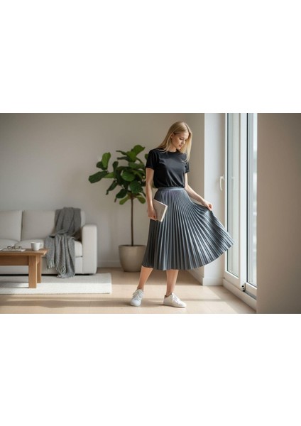 Deri Görünümlü Pileli Pamuklu Dokuma Viskon 4 Mevsim Etek(95 Cm)-(38-48) fiyatları