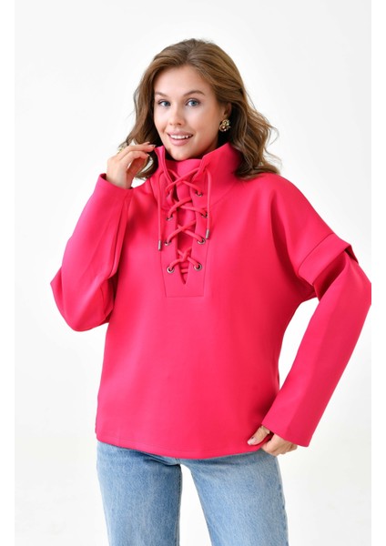 Kadın Yakası Bağcıklı Scuba Oversize Spor Şık Tasarım Sweatshirt fiyatları