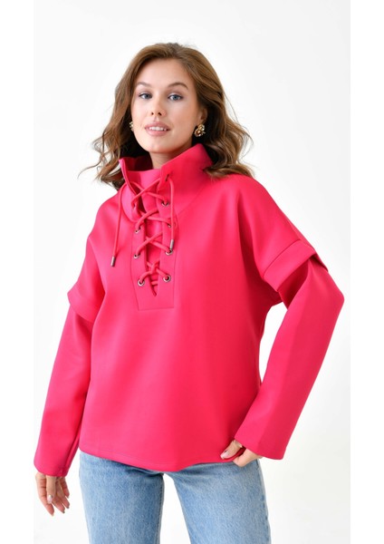 Kadın Yakası Bağcıklı Scuba Oversize Spor Şık Tasarım Sweatshirt modelleri