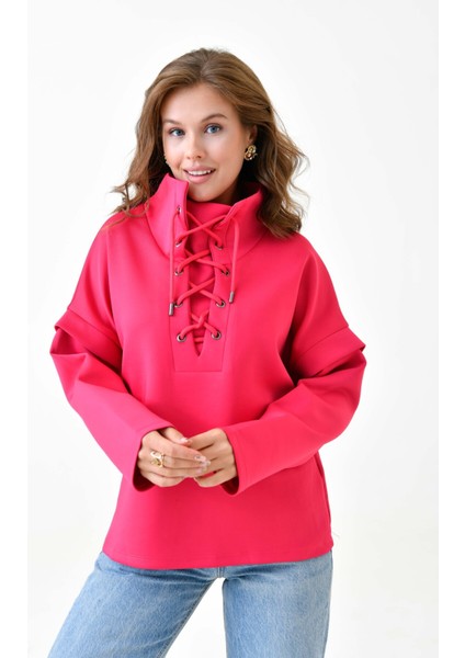 Kadın Yakası Bağcıklı Scuba Oversize Spor Şık Tasarım Sweatshirt fırsatları