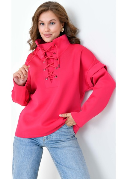 Kadın Yakası Bağcıklı Scuba Oversize Spor Şık Tasarım Sweatshirt indirimleri