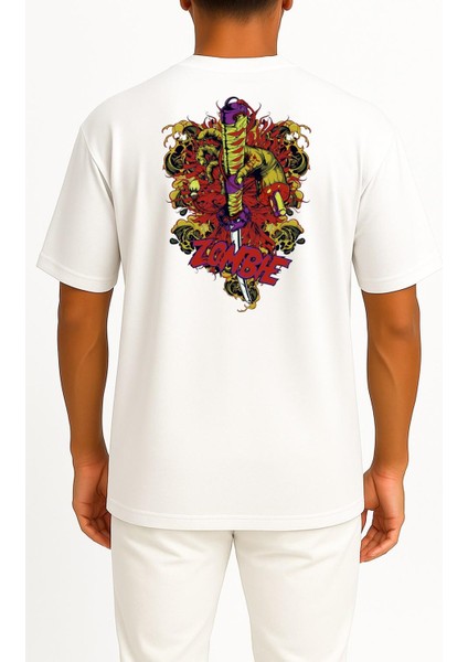 Oversize Zombie Hand Holding Samurai Illustration Cep ve Sırt Tasarımlı Unisex T-Shirt fiyatları
