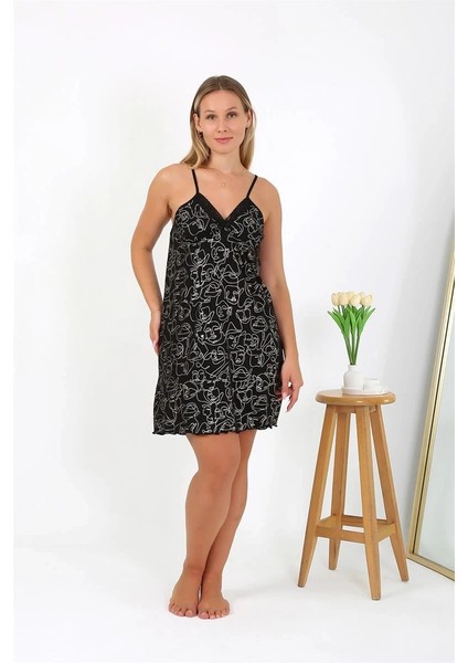 Moda Kadın Büyük Beden Ip Askılı Gecelik Siyah