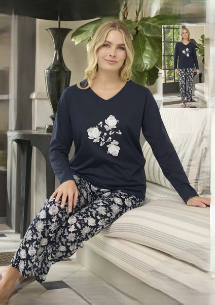 240625 Kadın Lacivert Uzun Kol Pijama Takımı