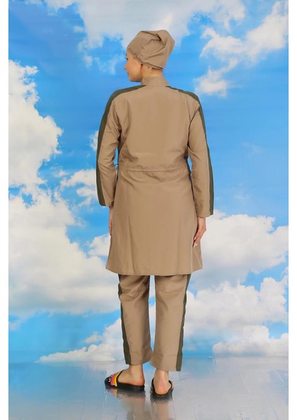 Moda Kadın Pantolonlu Kolu Şeritli Tam Tesettür Mayo Bej fırsatları