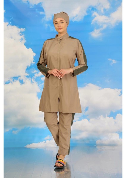 Moda Kadın Pantolonlu Kolu Şeritli Tam Tesettür Mayo Bej indirimleri