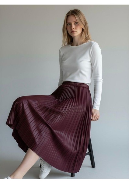 Deri Görünümlü Pileli Pamuklu Dokuma Viskon 4 Mevsim Etek(95 Cm)-(38-48)