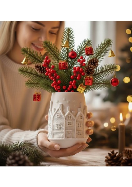 Yılbaşı Temalı Ev Detaylı Dekoratif Kokina Vazosu - Noel Kış Dekorasyonu Yılbaşı Hediyesi