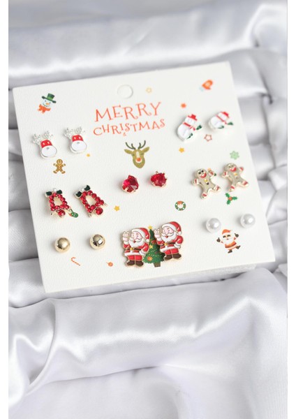 Yılbaşı Temalı Karışık Model 8 Çift Yılbaşı Temalı Kadın Küpe Seti