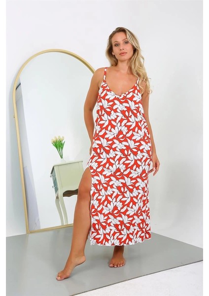 Moda Kadın Büyük Beden Ip Askılı Pamuklu Uzun Gecelik