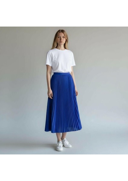 Deri Görünümlü Pileli Pamuklu Dokuma Viskon 4 Mevsim Etek(95 Cm)-(38-48)