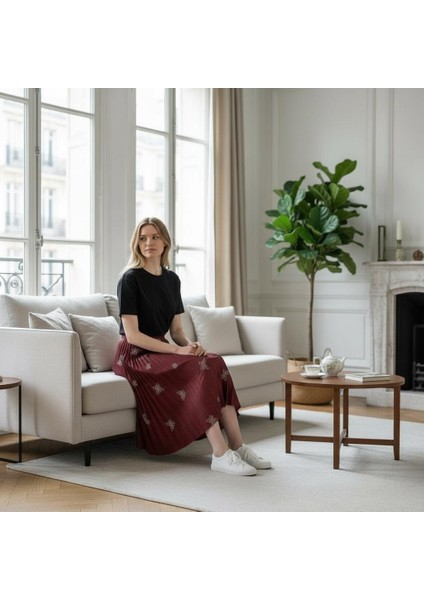 Deri Görünümlü Kelebek ve Taş Detaylı Pileli Pamuklu Dokuma Viskon 4 Mevsim Etek(95 Cm)-(38-50) fiyatları