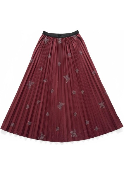 Deri Görünümlü Kelebek ve Taş Detaylı Pileli Pamuklu Dokuma Viskon 4 Mevsim Etek(95 Cm)-(38-50) modelleri