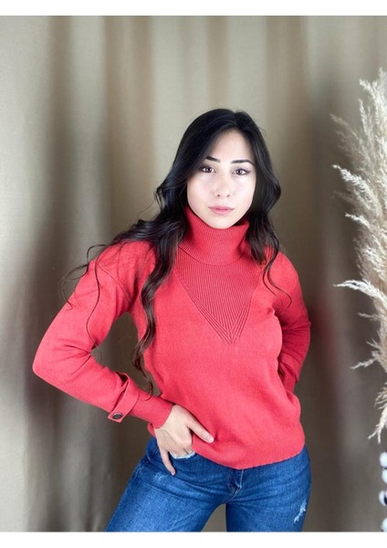 Kadın Boğazlı Uzun Kol Rahat Kalıp Triko Nar Çiçeği Kazak