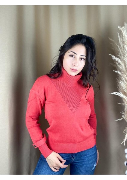 Kadın Boğazlı Uzun Kol Rahat Kalıp Triko Nar Çiçeği Kazak fiyatları