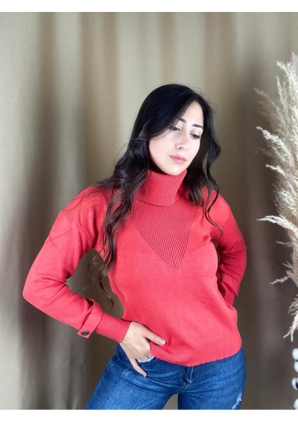 Kadın Boğazlı Uzun Kol Rahat Kalıp Triko Nar Çiçeği Kazak modelleri