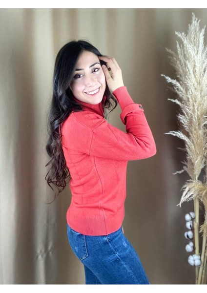 Kadın Boğazlı Uzun Kol Rahat Kalıp Triko Nar Çiçeği Kazak fırsatları