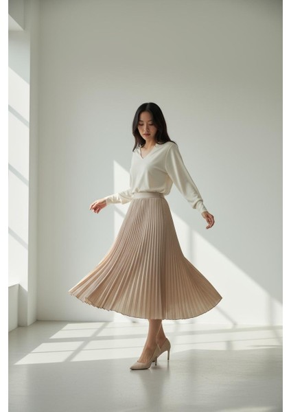 Pileli Pamuklu Dokuma Viskon 4 Mevsim Etek(95 Cm)-(38-48)