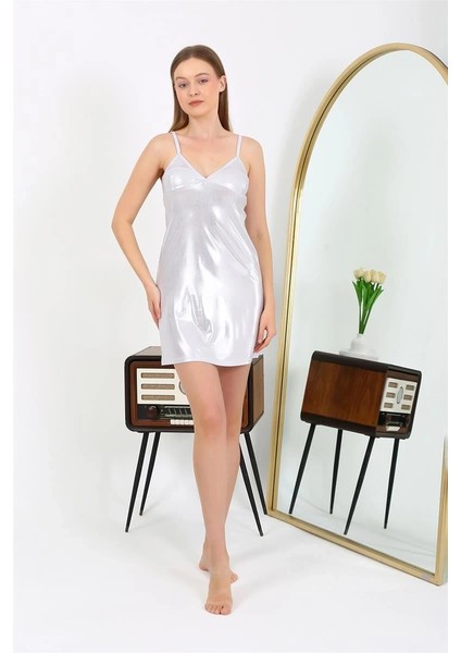 Moda Ip Askılı Micro Kumaş Kısa Parlak Gecelik Ev Giyim Gri