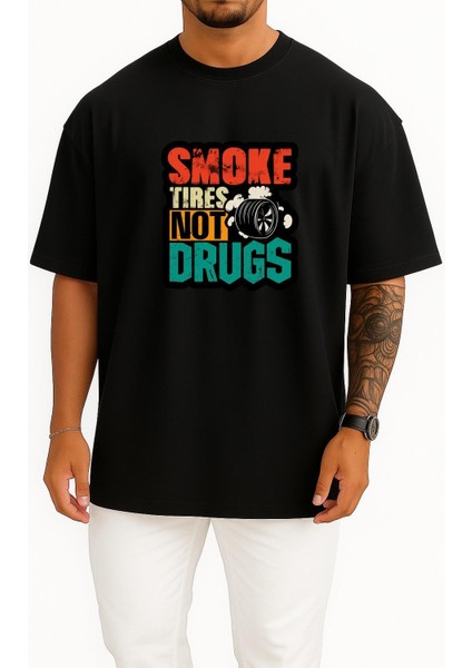 Oversize Drift Lastik Yakma Araba Göğüs Baskılı Unisex T-Shirt