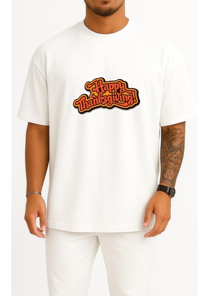 Oversize Thanksgiving Holiday Santa Claus Şükran Günü Göğüs Tasarımlı Unisex T-Shirt