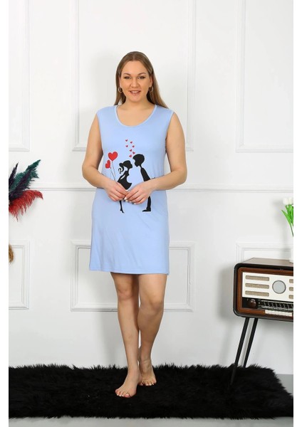 Moda Kadın Büyük Beden Kalın Askılı Penye Diz Üstü Mavi Gecelik