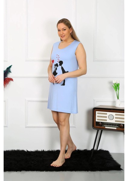 Moda Kadın Büyük Beden Kalın Askılı Penye Diz Üstü Mavi Gecelik fiyatları