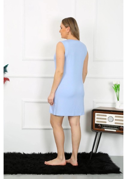Moda Kadın Büyük Beden Kalın Askılı Penye Diz Üstü Mavi Gecelik modelleri