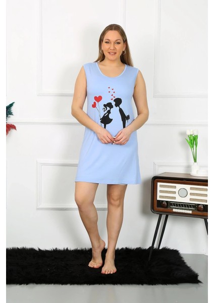 Moda Kadın Büyük Beden Kalın Askılı Penye Diz Üstü Mavi Gecelik indirimleri