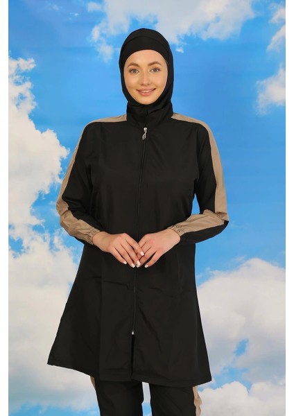 Moda Kadın Pantolonlu Kolu Şeritli Tam Tesettür Mayo Siyah fırsatları