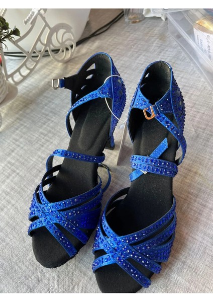 Sax Mavi Incili Salsa, Bacata, Tango, Dans Ayakkabısı 5 cm Kadeh Topuk