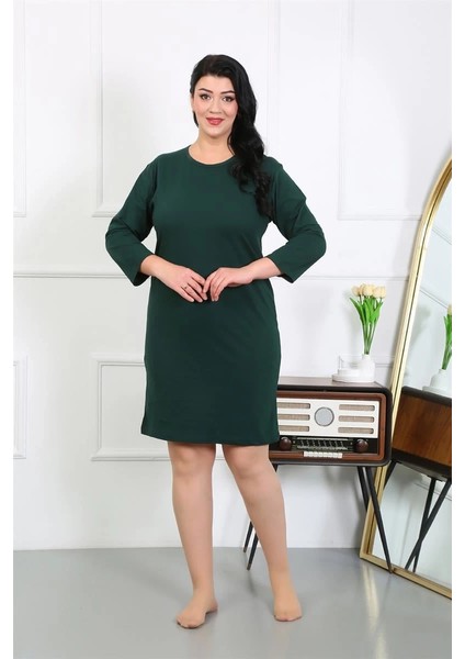 Moda Kadın Büyük Beden Penye Gecelik Ev Elbisesi Zümrüt Yeşili