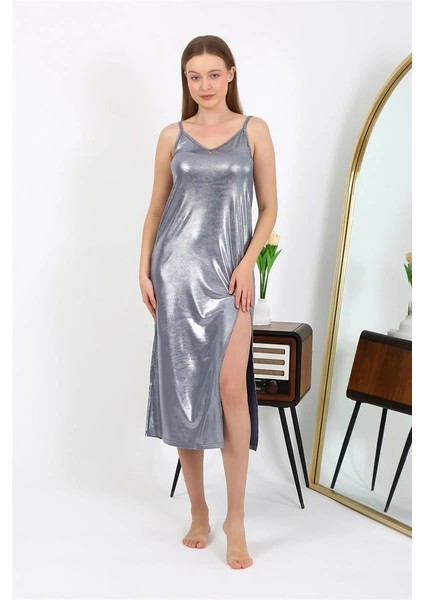 Moda Kadın Ip Askılı Uzun Parlak Micro Elbise Gecelik Gri
