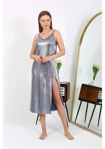 Moda Kadın Ip Askılı Uzun Parlak Micro Elbise Gecelik Gri fiyatları