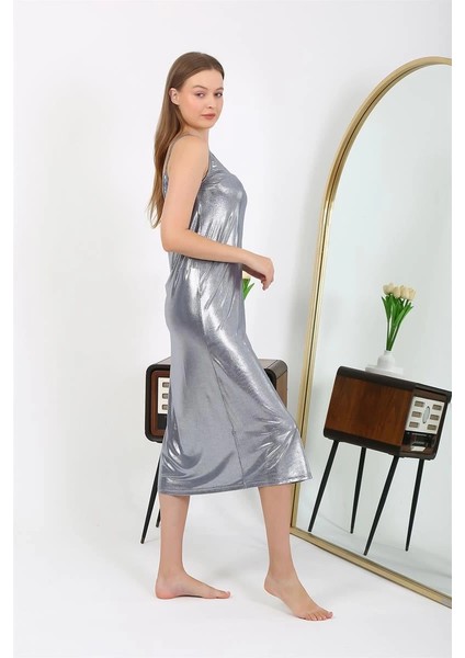 Moda Kadın Ip Askılı Uzun Parlak Micro Elbise Gecelik Gri modelleri