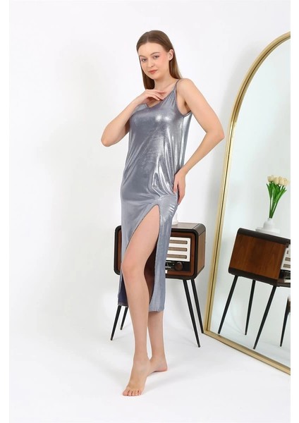 Moda Kadın Ip Askılı Uzun Parlak Micro Elbise Gecelik Gri fırsatları