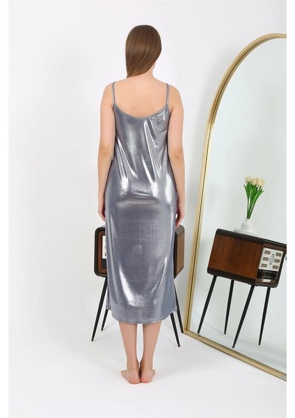 Moda Kadın Ip Askılı Uzun Parlak Micro Elbise Gecelik Gri indirimleri
