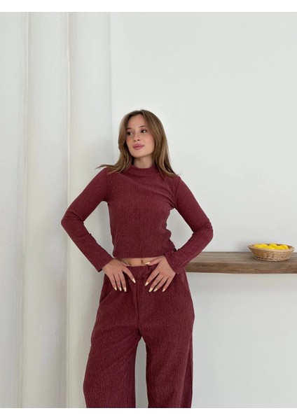 Balıkçı Yaka Örme Takım Bordo ST265865