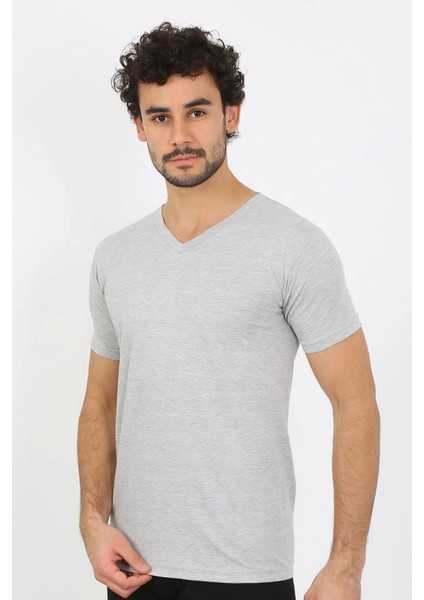 Moda Erkek V Yaka Gri Penye Atlet modelleri
