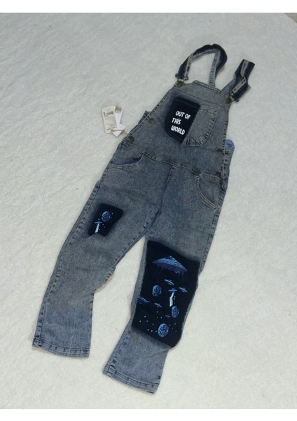 8-9 Yaş Kız Çocuk Jeans Tulum Baskılı Buz Mavi